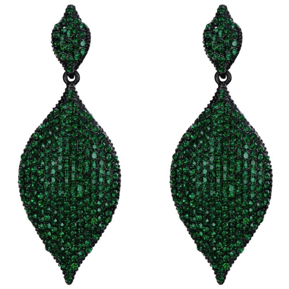 Carbon Black with Emerald Austrian Crystal Rhombus Leaf Chandelier Post Earrings